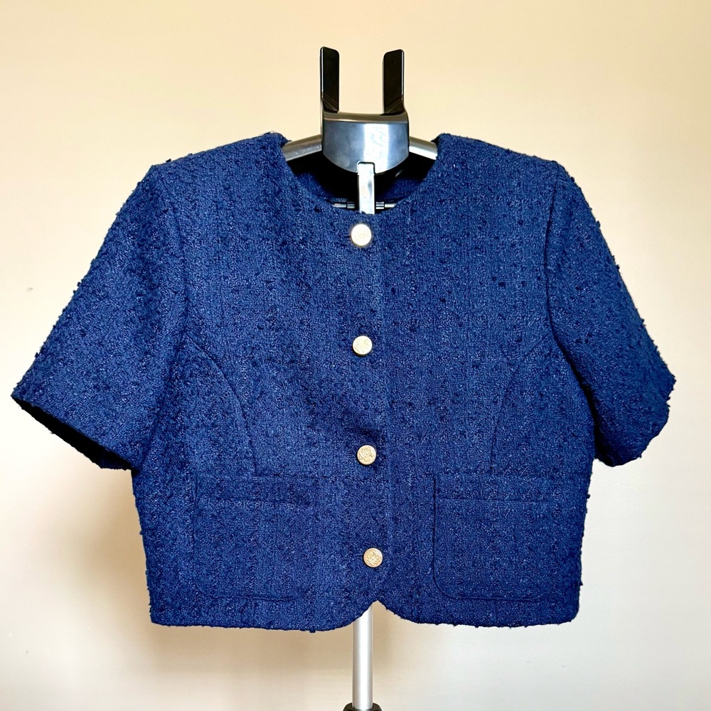 Abercrombie & Fitch Navy Short Sleeve Collarless Jacket with Gold Accents